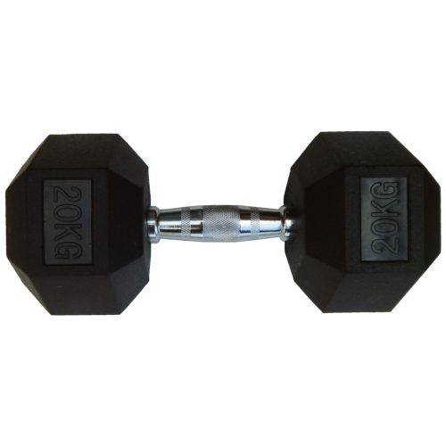 Capetan® Professional Line 20 kg HEX Einhand-kurzhantel für Fitnessraum mit gummierten Köpfen und verchromtem Griff – gummierte Hexagonhantel